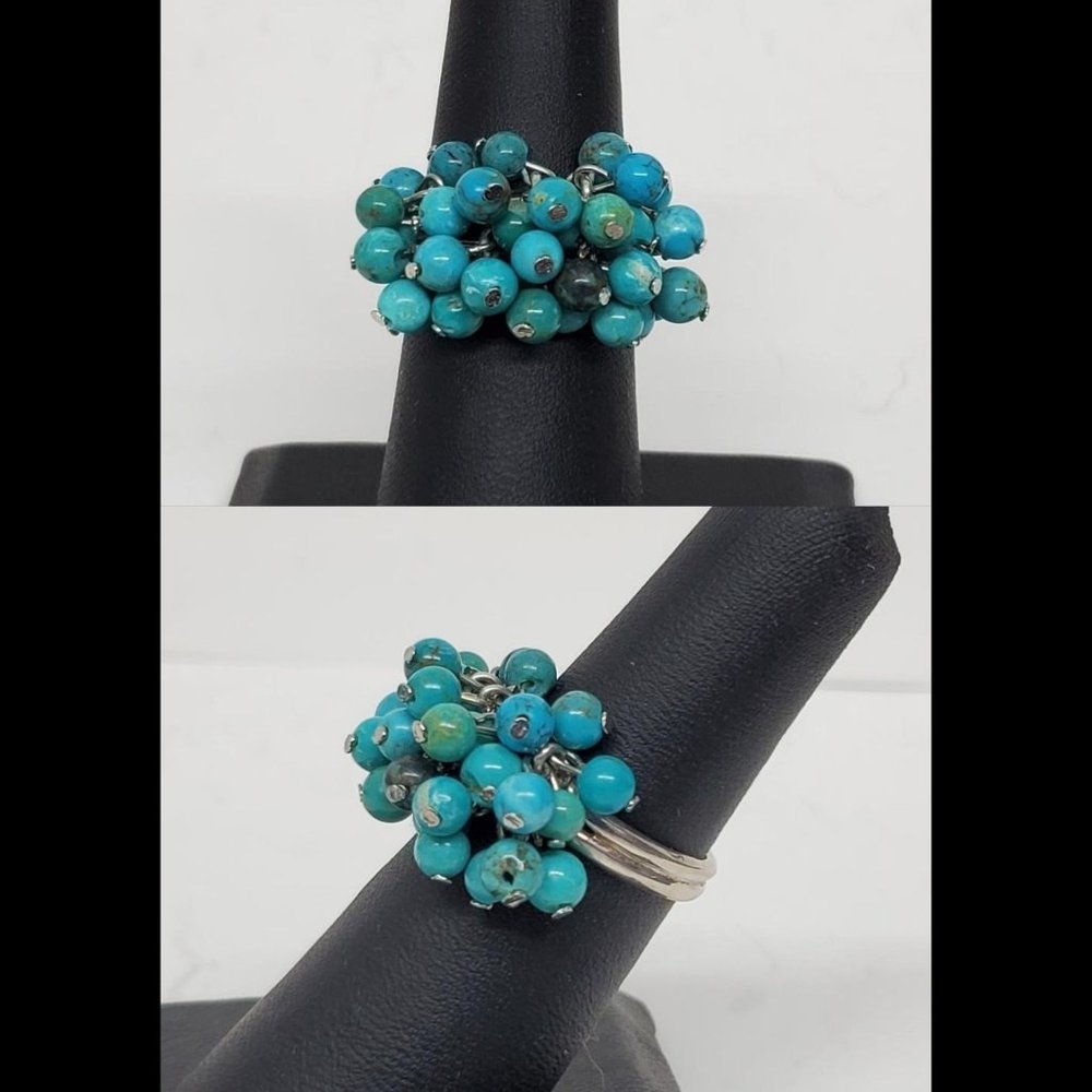 Fun Turquoise and Lapis Cluster Bead RING.925 Sterling Silver